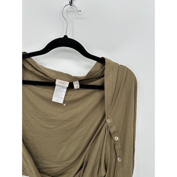 LOGO by Lori Goldstein Cardigan Scarf Button Sleeve Women M/L Green Stretch - Picture 4 of 5
